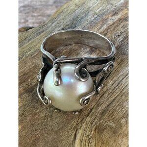 Vintage Sterling Silver Faux Pearl Ring Artisan Design Intricate Band Size 6 1/2